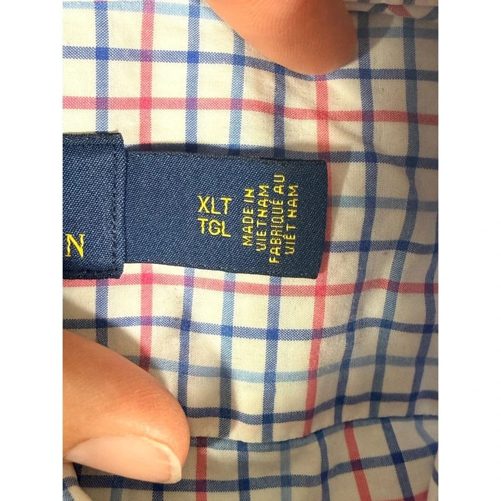 Polo Ralph Lauren Mens XLT Tall Cotton Stretch Check Button Down Shirt Blue Pink